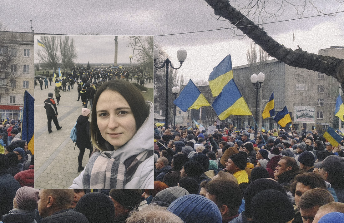 Valentyna Fedorchuk on pro-Ukrainian rally in occupied Kherson, March 5, 2022