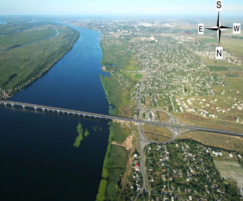 View southward from the Dnipro River, with Kherson city visible on the right.